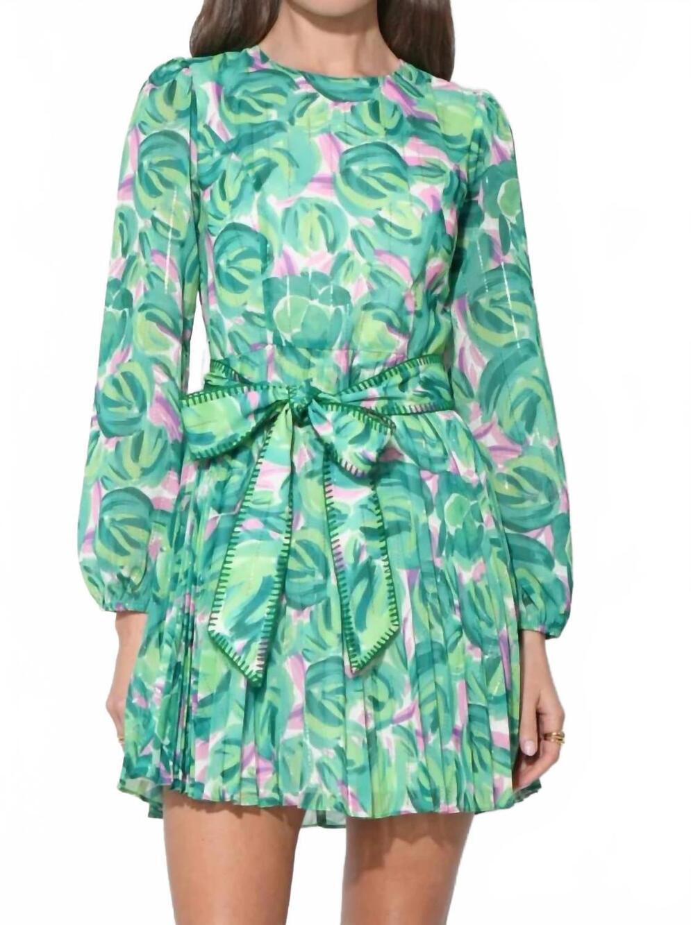NEW ADELYN RAE rylee pleated long sleeve mini dress in green